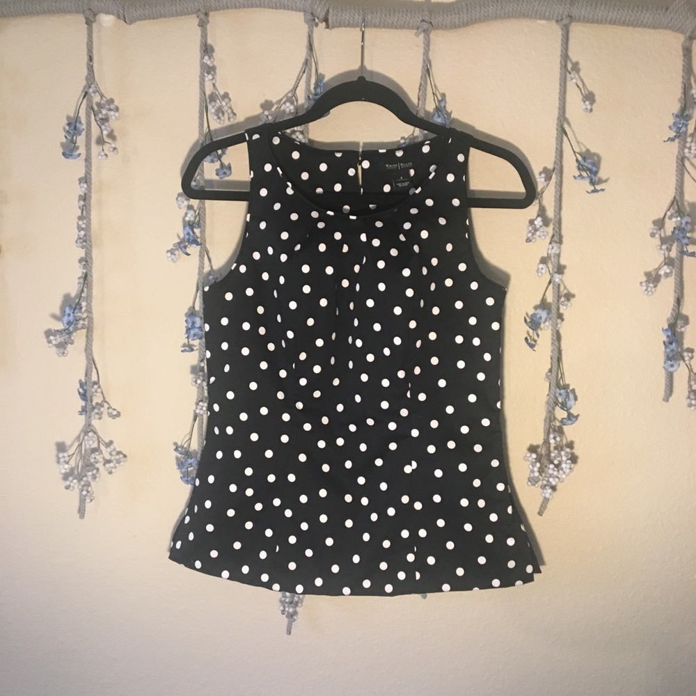 White House Black Market, Sleeveless Blouse, Black with White Polka Dots, Size 6